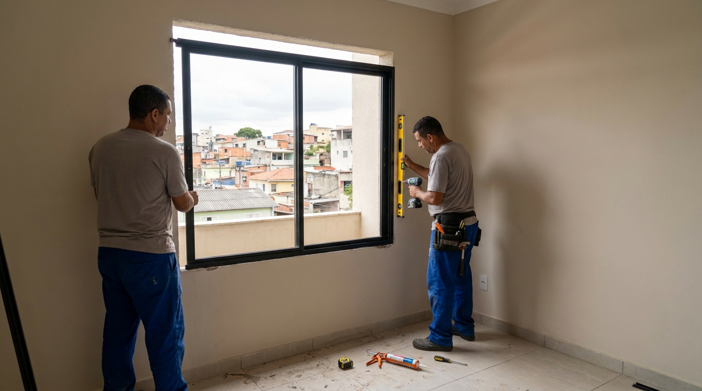 Esquadria de alumínio em quarto bege em Feira de Santana-BA