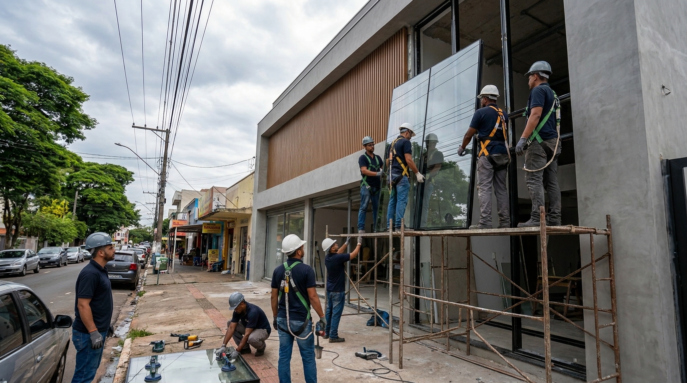 Fachada de vidro com andaime lateral em Feira de Santana-BA
