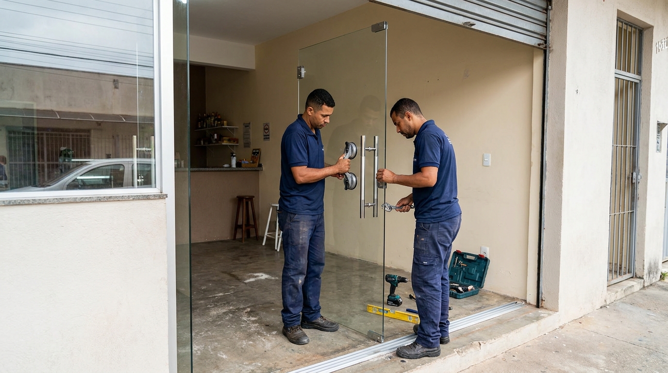 Dupla instalando porta de vidro em loja em Feira de Santana-BA