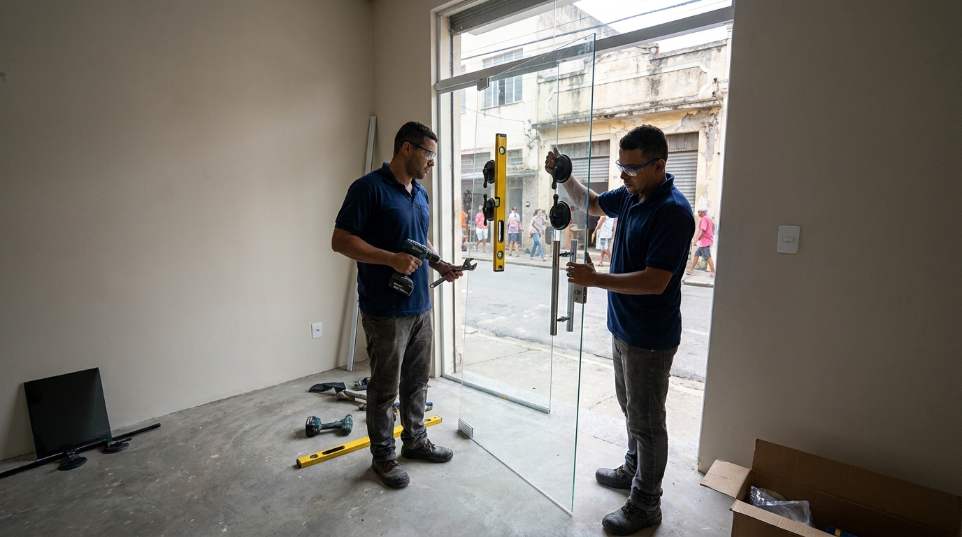Porta de vidro com vista urbana em Feira de Santana-BA